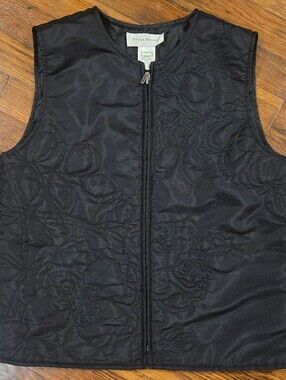 Susan Bristol Black Floral Embroidered Zip Front Vest Jacket Small Y2K